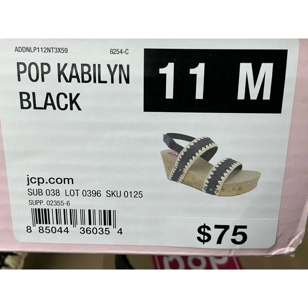 Pop‎ Kabilyn Wedge Sandals Women's 11 Black Woven Cork Strappy Whipstitch